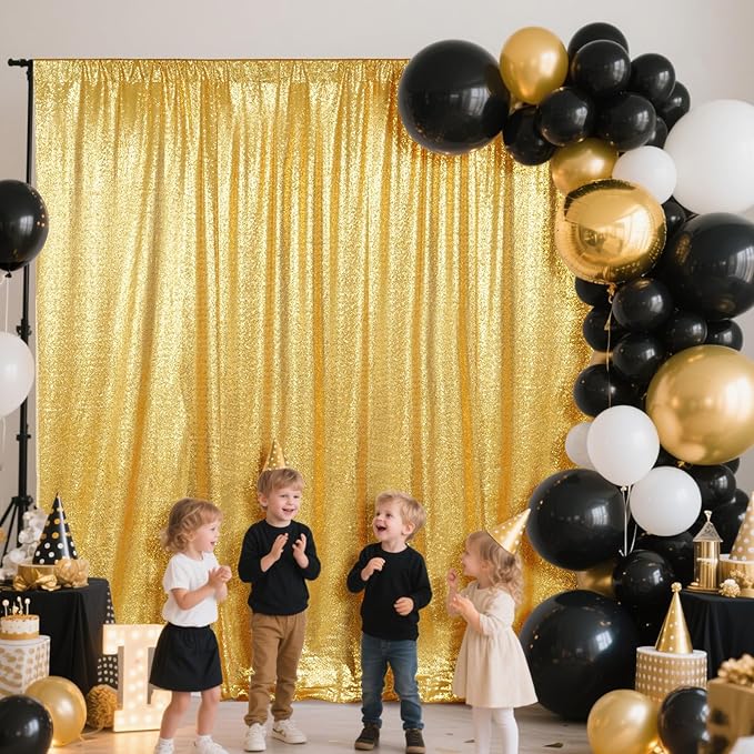 SquarePie Sequin Backdrop Less See Through Thick Background for Photography Glitter Curtain Party 8FT x 8FT Gold