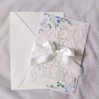 25PCS Pearl White Laser Cut Wedding Invitations Cards with Envelopes,Blank Inner Sheets,Ribbons for Wedding Bridal Shower Quinceañera Engagement Birthday Invites (B001)