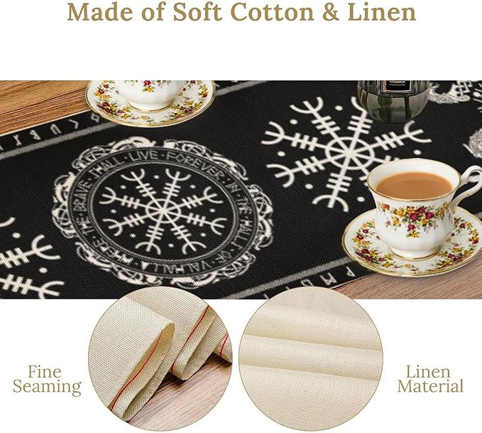Ancient Abstract Pattern Table Runner, Tree of Life Eagle Dragon Boat Rudder Black and White Table Runner 13x108 Inch