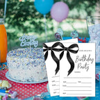SIXEIGHT Black Bow Birthday Invitations, Black Ribbon Bow Birthday Party Invitations, 20 Party Invitations with Envelopes for Girls Boys, Birthday Party Favor & Decoration (4"x6")-A08