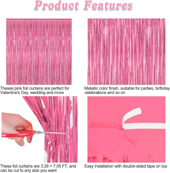 12 Pack Pink Backdrop, 3.28 FT x 7.05 FT Foil Fringe Curtains, Metallic Pink Tinsel Curtain Party Streamer Birthday Backdrop for Girl, Brithday Decorations Bachelorette Party Supplies