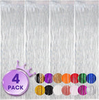 4 Pack Laser Silver Foil Fringe Backdrop Curtains, Tinsel Streamers Birthday Party Decorations, Fringe Backdrop for Graduation, Baby Shower, Gender Reveal, Disco Party
