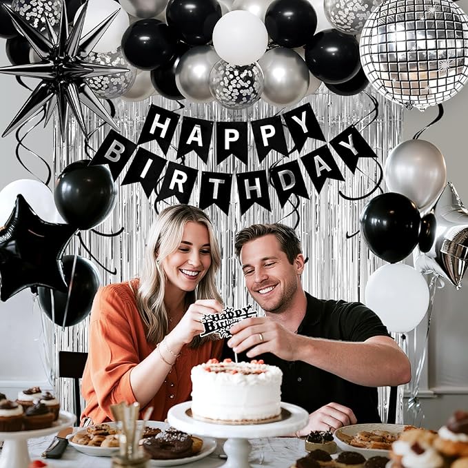 25th Birthday Decorations for Men Women, Black Silver Happy Birthday Party Decorations， 25 Year Old Party Supplies with Number 25 Balloons, Banner, Fringe Curtains Kit