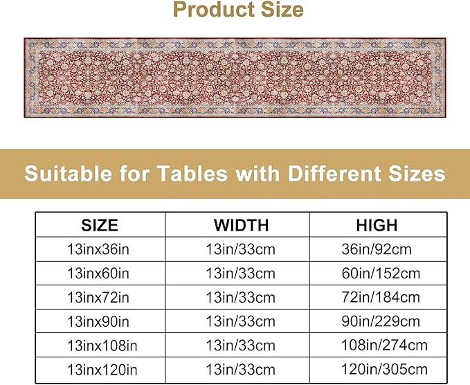 Boho Bohemia Style Table Runner, Vintage Red Blue Retro Flower Rustic Country Style Floral Print Pattern for Home Kitchen Table Decor Dining Coffee Room Garden Party Decor 13x120in