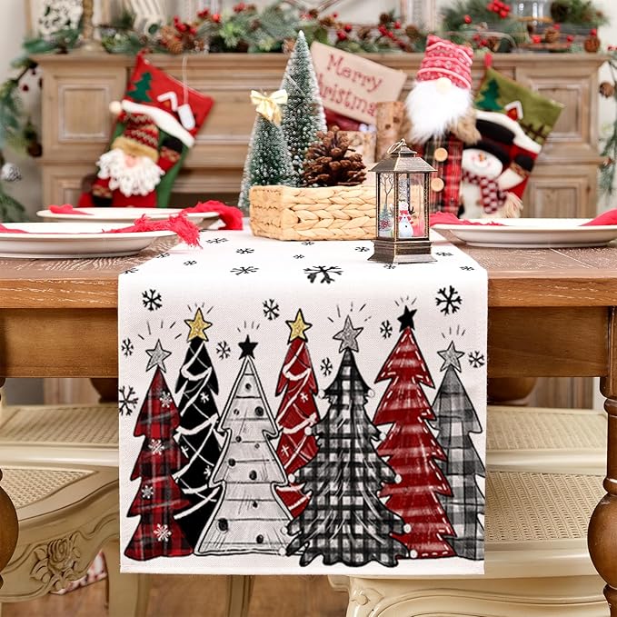 GEEORY Christmas Table Runner 13x60 Inch, Xmas Tees Snowflakes Holiday Decorative Farmhouse Table Decoration for Kitchen Dinning, Indoor Outdoor Dinner Party Decor ((Red & Black) GT165-60