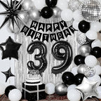 39th Birthday Decorations for Men Women, Black Silver Happy Birthday Party Decorations， 39 Year Old Party Supplies with Number 39 Balloons, Banner, Fringe Curtains Kit