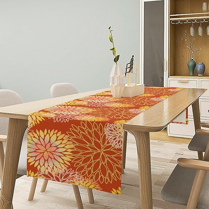 Yellow Floral Table Runner, Chrysanthemum Autumn Spring Summer Vintage Modern Linen Geometric Table Runner for Kitchen Living Room Bedroom Party Holiday, 13x36 Inch