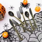 WDF 180 Pieces Black and Gold Plastic Silverware -Halloween Black Plastic Cutlery Incluede 60 Forks 60 Knives 60 Spoons Heavy Duty Disposable Flatware - Gold Utensils for Halloween/Party/Daily Use