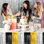 3 Pack 29 x108 Inch Black Gold Silver Foil Fringe Table Skirts Metallic Banner for Tinsel Streamer Garland Backdrop for Parade Floats Mother's Day, Graduate, Birthday, Wedding Party Decoration