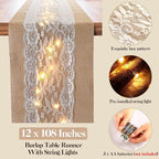 Tudomro 6 Pcs Burlap Table Runner with LED String Lights 12 x 108 Inches Rustic Jute Lace Table Runners Farmhouse Jute Linen Decoration Wedding Decor for Holiday Party Wedding Decorations