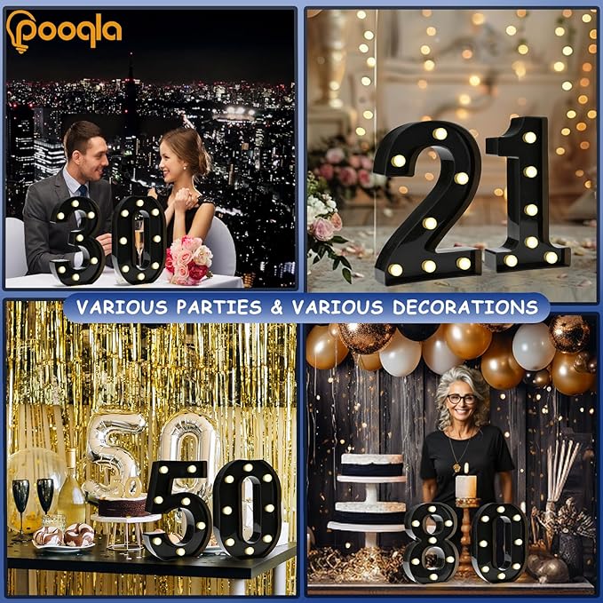 Pooqla Decorative Led Light Up Number Letters, Black Plastic Marquee Number Lights Sign for 1st 10th 21th Birthday Party Wedding Decor Battery Operated Black Decoration 1
