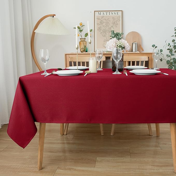 Biscaynebay Textured Fabric Christmas Rectangle Table Cloth 90x132 Inch, Red Water Resistant Tablecloths for Dining, Kitchen, Wedding and Parties, Machine Washable
