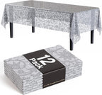 Exquisite Lace Table Cloth Rectangle Table Plastic 12-Pack Lace Tablecloth Rectangular 54" X 108" | Silver Floral Tablecloth Disposable | Wild Flower Party Decorations & Party Supplies