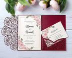 20 Pcs Laser Cut Wedding Invitations Card Pocket with Envelope for Birthday Party Baby or Bride Shower Invite suitable for 5 * 7 Inches Insert Paper (Burgundy)