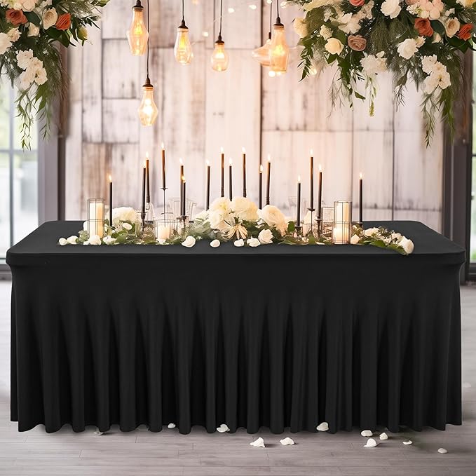 Wish Care 2 Pack Black Spandex Table Cloths - Fitted, Wrinkle Free, 6ft Rectangle Table Cover for Party, Banquet, Wedding & Events