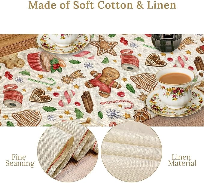 Christmas Table Runner, Christmas Gingerbread New Year Xmas Table Cloth Kitchen Dining Table Decoration for Home Party Decor 13x36 Inch