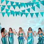 Teal Aqua Blue Triangle Pennant Banner Dark Metallic Fabric Flag Bunting Garland for Birthday Baby Shower Bridal Shower Graduation Wedding Holiday Retirement Mermaid Party Decorations Supplies