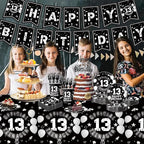 123pcs 13th Party Decorations,13th Silver Black Birthday Banner,Flags,Paper,cups,Straws,Forks,Cake Toppers,Dessert plates,Tablecloths and dinner plates,Officially a Teenager 13th Birthday Supplies