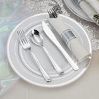 50 Pack Pre Rolled Silver Plastic Silverware Set, Disposable Wrapped Plastic Cutlery Set (50 Forks, 50 Knives, 50 Spoons, 50 Napkins) for Wedding Party
