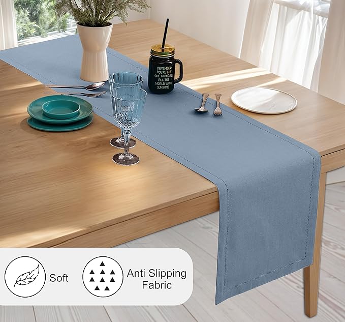 Ruvanti Linen Table Runner 72 Inches, Classic Hemstitch, Washable, Reusable, Non-Slipping, Stain Resistant- Perfect for Parties, Weddings, Dinners, Thanksgiving, Christmas, Indoor use – Grey