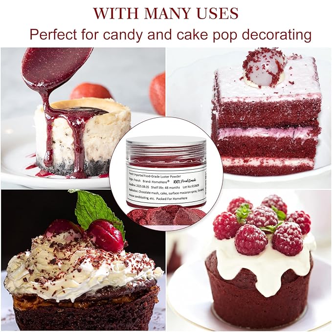 HomeHere Edible Luster Dust Food-Grade Glimmer Powder Glitter for Cake Decorating 7g, Edible Sprinkle Glitter for Cocktails Drinks Baking Candy Dessert Chocolate Vegan Tasteless, Burgundy