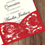 DORIS HOME 50pcs Laser Cut Quinceanera Invitation Pockets with Envelopes Red, 5.12" x 7.12"Invitation Cards for Birthday, Miss 15, Sweet 16 (No Inserts Included)