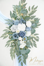 Artificial Arch Flowers Kit(Pack of 4),2Pcs Artificial Flower Arch Decor, 2Pcs Drapes, Ceremony and Reception Background Rose Decoration, Grayish Blue Floral Outdoor Party Decor
