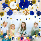 Blue and Gold Party Decorations - 23Pcs Navy Blue White Gold Baby Shower Birthday Decor for Men Boy Kids with Hanging Paper Fans, Pom Poms Flowers, Garland String Polka Dot Packs