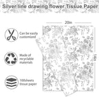 JarThenaAMCS 100 Sheets Floral Tissue Paper Silver Flower Gift Wrapping Paper Vintage Decorative Art Paper for Home Party DIY Crafts Supplies, 14 x 20 Inch