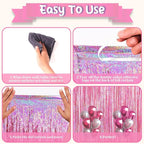 2 Pack Laser Pink Tinsel Foil Fringe Curtains, Mothers Day Pink Decorations, Metallic Tinsel Party Streamers Backdrop for Birthday Bachelorette Graduation Wedding Party Decorations