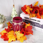 Fall Mason Jar Centerpieces for Tables – Thanksgiving Table Decorations with Autumn Leaves & Berries, Autumn Candle Holder Wreath Rings, Fall Taper Candle Rings for Dining Table