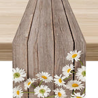 Daisy Floral Table Runner, Farmhouse Spring Seasonal Summer Teal Green White Flower Rustic Abstract Table Center Decor for Home Kitchen Dining Holiday Party Indoor Table Decorations, 13"x90" Inch