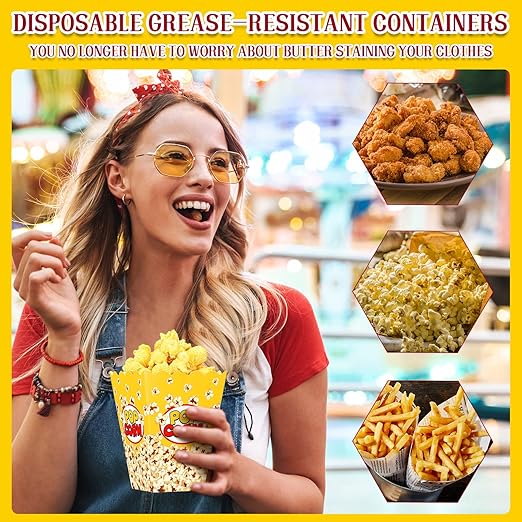 Panelee 100 Pack Popcorn Boxes for Movie Night 24oz Popcorn Disposable Paper Bucket Bags Bulk Snack Container Cups Holder for Christmas Party Carnival