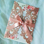 25PCS Rose Gold Laser Cut Wedding Invitations Cards with Envelopes,Blank Inner Sheets,Ribbons for Wedding Bridal Shower Quinceañera Engagement Birthday Invites, rose gold glitter