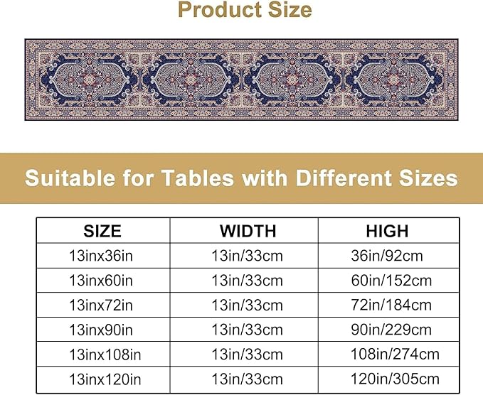 Boho Floral Vintage Table Runner, Blue Purple Retro Flower Rustic Country Farmhouse Pattern for Home Kitchen Table Decor Dining Coffee Room Party Decor 13x72in