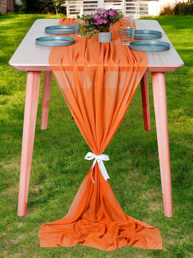 MDS 5 Pack 10ft Chiffon Table Runner 29 x 120 Inches Sheer Wedding Runner Romantic Rustic Table Runner for Wedding Decorations, Birthday Parties, Bridal Shower Party Arch Decor - Orange
