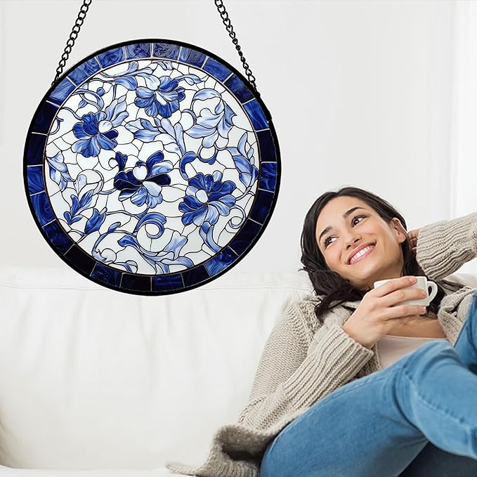 Stained Glass Window Hanging, Blue and White Abstract Flowers Sun Catcher for Door Home Decor Suncatcher Christmas Mother's Day Birthday Gifts for Women Men Mom and Nana 15 in