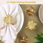 Set of 12 Maple Leaf Napkin Rings - Handcrafted Aluminum Napkin Holders for Cloth & Paper Napkins, Elegant Table Décor for Wedding Receptions Thanksgiving Christmas Holiday Parties (Gold) CLEENTABLE