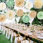 Sage-Green Beige-Champagne Party-Decorations Streamers Lanterns - 14pcs Neutral Baby Shower Paper Fan,Tissue Pom Poms,Honeycomb Balls,Boho Birthday Wedding Bachelorette Engagement Bridal Decor Ouruola