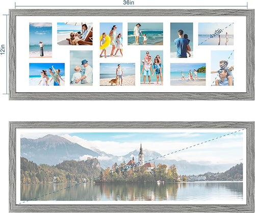 12x36 Picture Frame 2 Packs, Real Glass and Grey Wood Frame, Display Collage Pictures Twelve 4x6 With Mat or Pennant 12 x 36 Without Mat - Horizontal or Vertical Wall Mounting