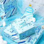 LeZakaa Reversible Blue Birthday Wrapping Paper Roll for Boys Men, Happy Birthday Lettering & Stripe Pattern with Metallic Foil in Blue, 30in x 32.8Ft