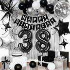 38th Birthday Decorations for Men Women, Black Silver Happy Birthday Party Decorations， 38 Year Old Party Supplies with Number 38 Balloons, Banner, Fringe Curtains Kit