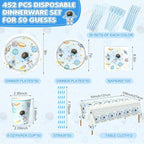 452 Pcs Space Themed Party Decorations for 50, Blue Space Astronaut Paper Plates Napkins Cups Tablecloth Cutlery Straws for First Trip Around The Sun Planet Birthday Baby Shower Party Supply