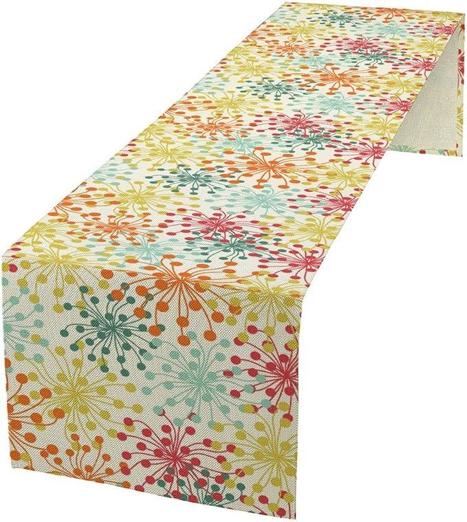 Mid Century Flower Table Runner, Colorful Geometric Abstract Chrysanthemum Vintage Farmhouse Decorations Orange Yellow Gray Table Runner for Kitchen Dining Holiday Party Decor, 13x70 Inch