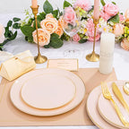 KIRE 175PCS Pink Plates Disposable - Heavy Duty Pink and Gold Plastic Plates Dinnerware Sets - 25 for Dinner 25 for Dessert 25 Pre Rolled Napkins 25Cups for Birthday Party/Wedding