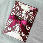 25PCS Laser Cut Burgundy Wedding Invitations Cards with Envelopes,Blank Inner Sheets,Ribbons for Wedding Bridal Shower Quinceañera Engagement Birthday Invites, (B001)