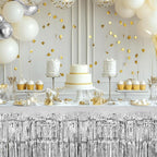 2 Pack Silver Table Skirts, 29x108" Metallic Foil Tinsel Fringe Table Skirts for Rectangle Tables Streamer Curtains Backdrop, Party Decorations for Birthdays Weddings Holidays