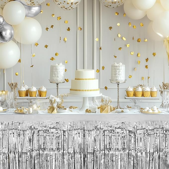2 Pack Silver Table Skirts, 29x108" Metallic Foil Tinsel Fringe Table Skirts for Rectangle Tables Streamer Curtains Backdrop, Party Decorations for Birthdays Weddings Holidays