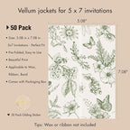 50 Pack Pre-Folded Vellum Jackets for 5x7 Invitations,AZAZA Elegant Translucent Invitation Sleeves,115GSM Vellum Jackets 5x7, Wedding Invitation Accessories, for Weddings Birthdays,Sage Green Toile