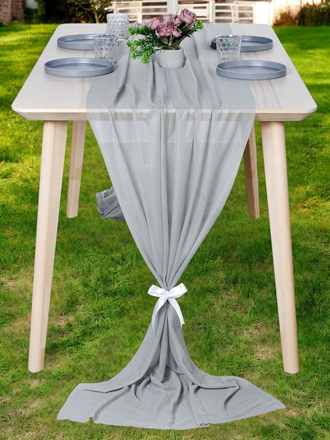 MDS 2 Pack 14ft Chiffon Table Runner 29 x 170 Inches Sheer Wedding Runner Romantic Rustic Table Runner for Wedding Decorations, Birthday Parties, Bridal Shower Party Arch Decor - Gray